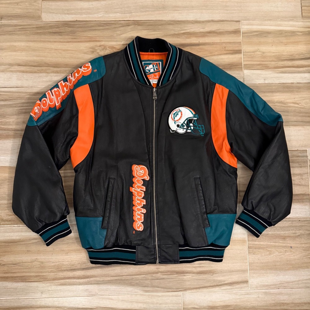 Vintage G-III Carl Banks Miami Dolphins Leather Varsity Jacket‎ Mens L Black NFL